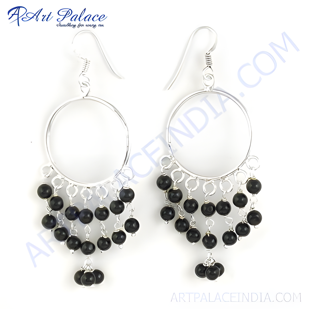 925 sterling silver chandelier earrings featuring black beads. Elegant dangle earrings for women.