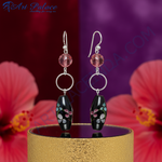 Load image into Gallery viewer, Floral Painted Black Bead Earrings | Silver Dangle for Women
