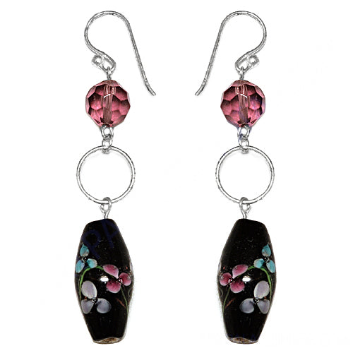 Floral Painted Black Bead Earrings | Silver Dangle for Women
