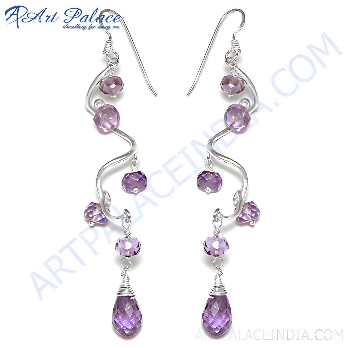 Sterling silver dangle earrings with faceted purple amethyst gemstones on a white background