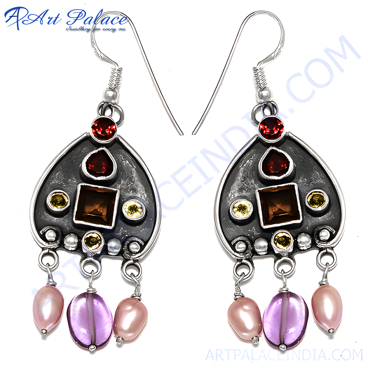 925 silver dangle earrings with garnet, yellow stones, and pink and purple pearl dangles