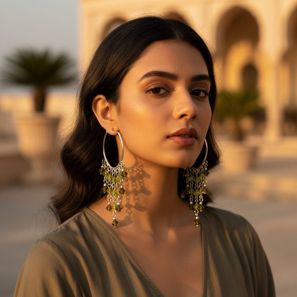 Silver hoop dangle earrings with green gemstones | women's jewelry