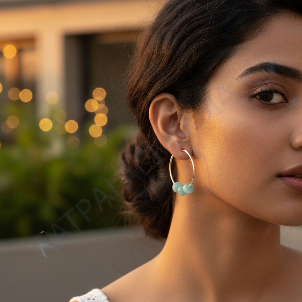 Silver Hoop Earrings with Blue Beads for Women | Fashion Jewelry
