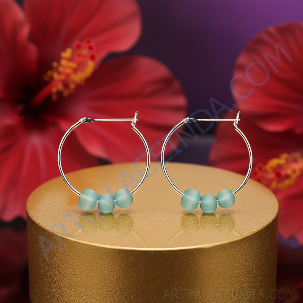 Silver hoop earrings with blue beads for women | fashion jewelry