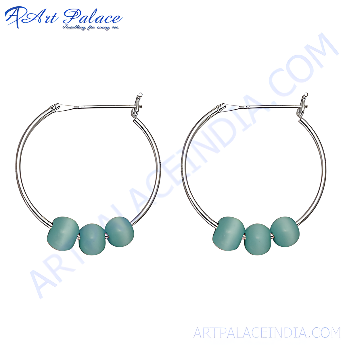 Silver hoop earrings with three blue beads