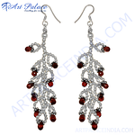 Load image into Gallery viewer, Silver drop earrings with silver beading and vibrant red garnet gemstones, elegant jewelry for women.
