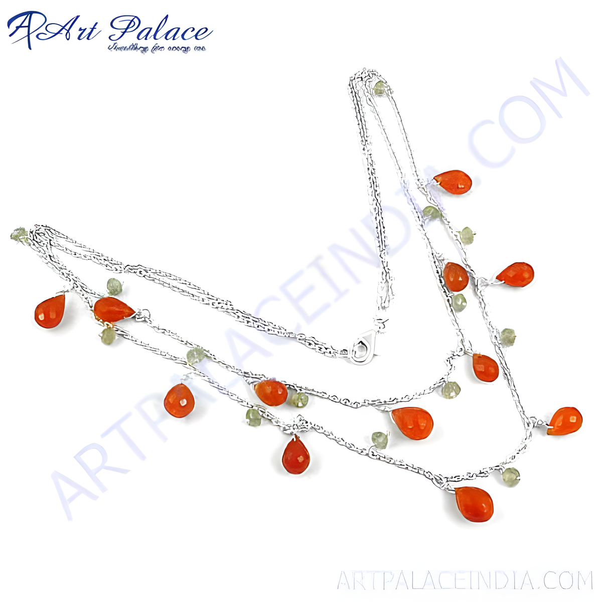 925 sterling silver necklace featuring carnelian gemstones and small green beads