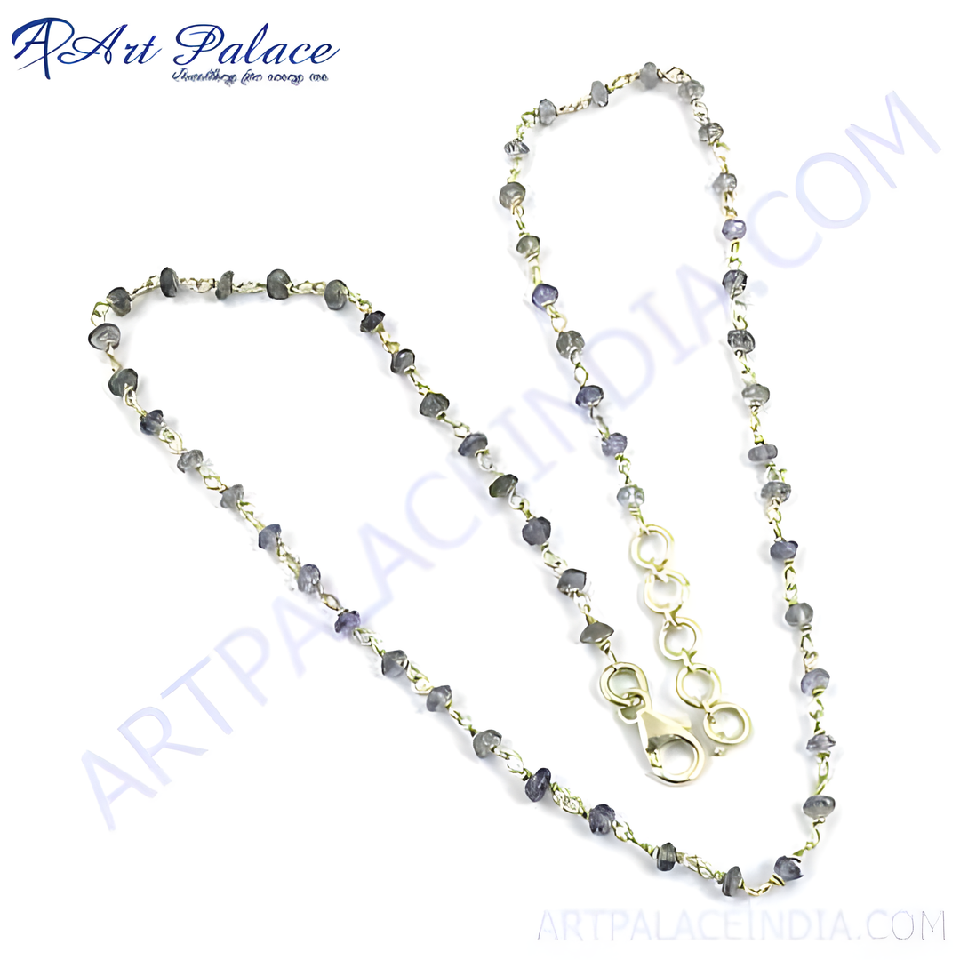 Sterling silver beaded necklace with natural iolite gemstones and a secure clasp.