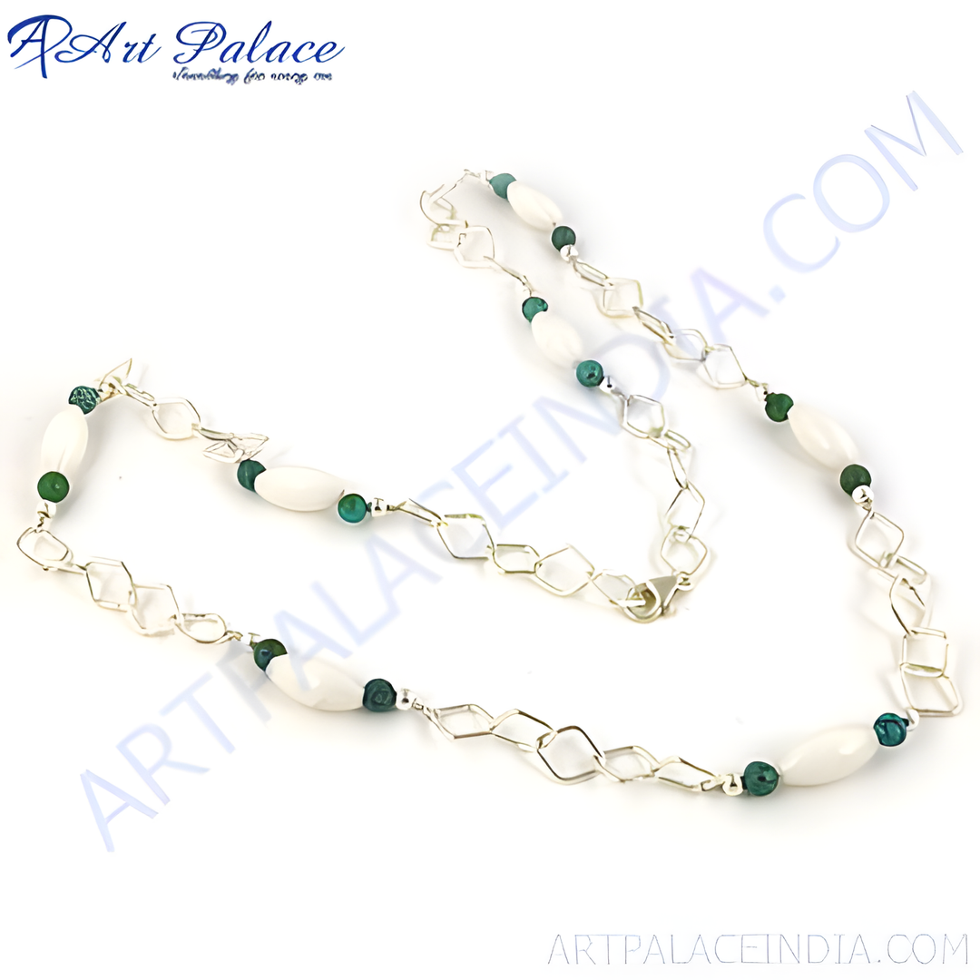 925 sterling silver chain necklace with white stones and emerald green accents