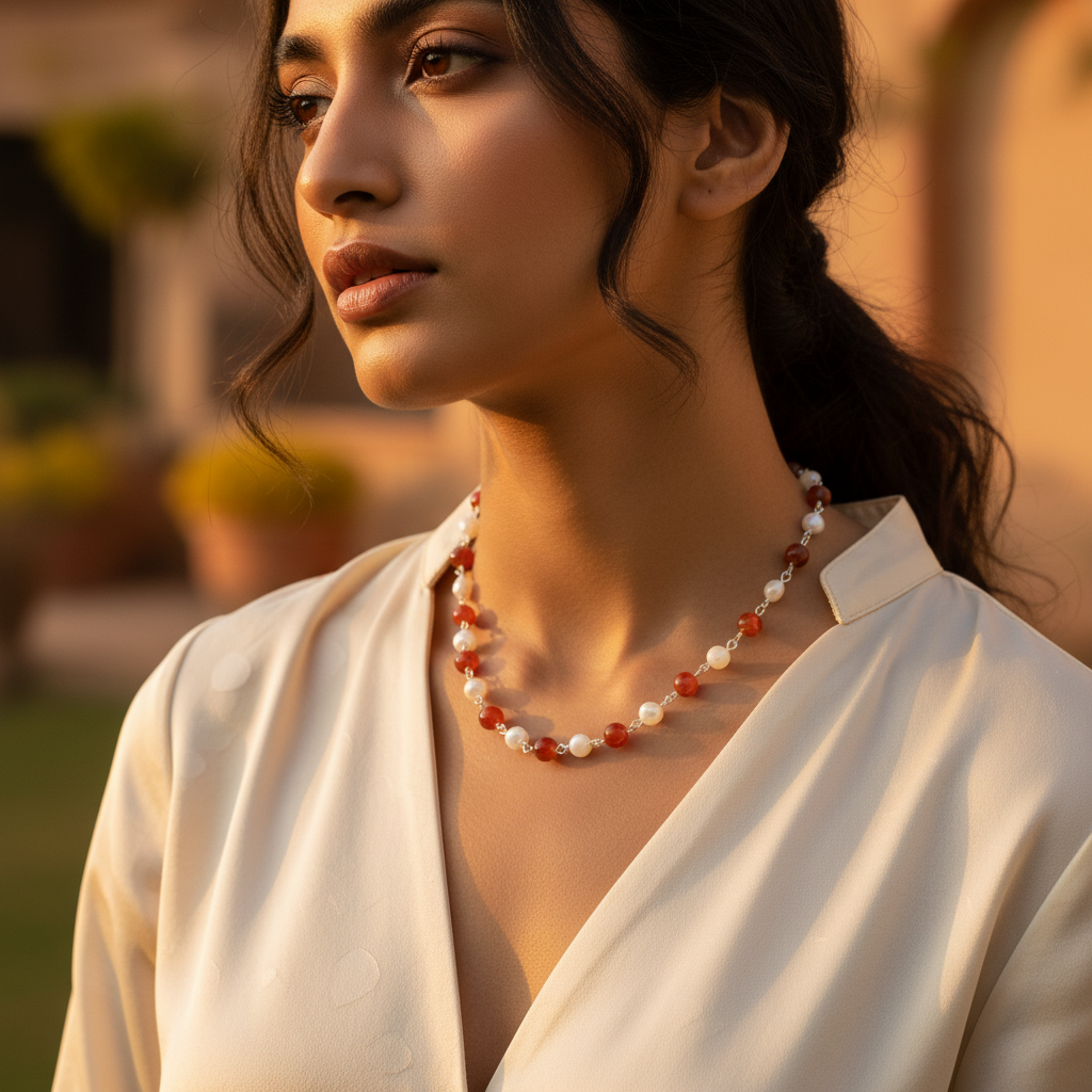 Red Carnelian & Pearl Beaded Necklace for Women | Gemstone Jewelry