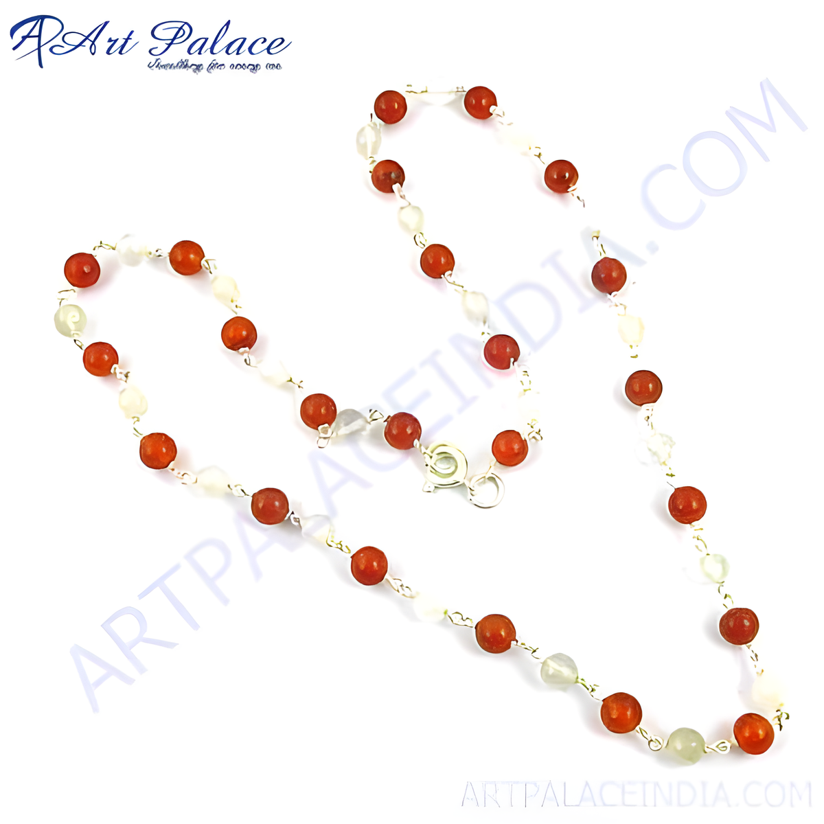 Red carnelian and pearl beaded necklace with silver chain, showcasing a combination of red and white gemstones
