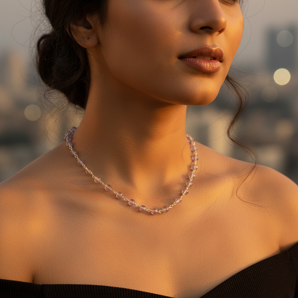 925 Silver Rose Quartz Beaded Necklace for Women | Gift