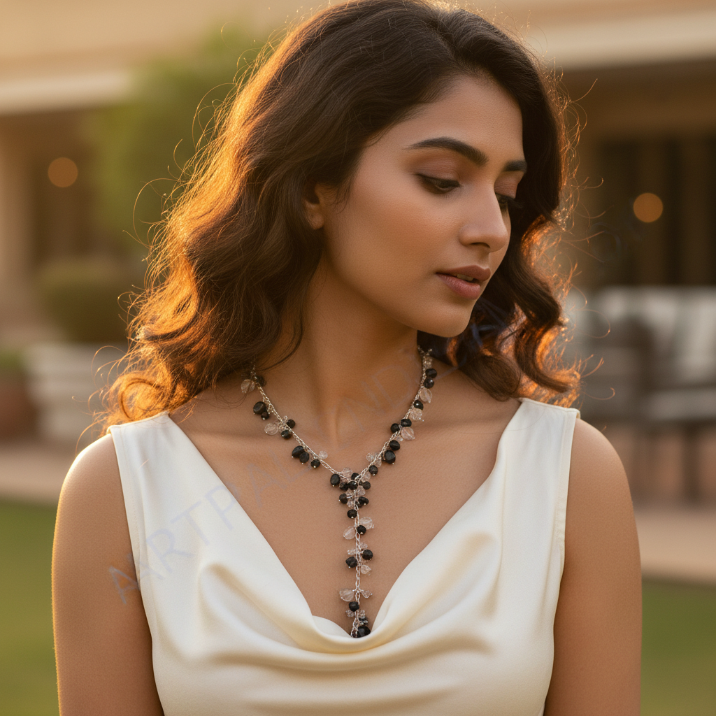 Silver Beaded Y Necklace with Black & Clear Gemstones for Women