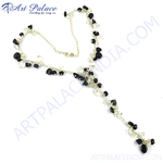 Load image into Gallery viewer, Silver Y necklace with black and clear gemstone beads, a stylish jewelry piece for women
