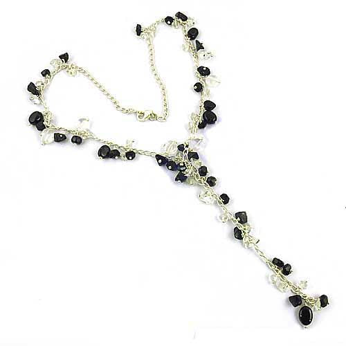 Silver Beaded Y Necklace with Black & Clear Gemstones for Women