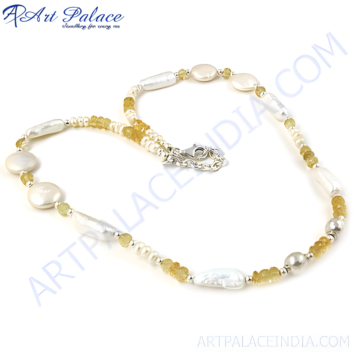 Sterling silver necklace featuring freshwater pearls and citrine gemstones in a delicate design