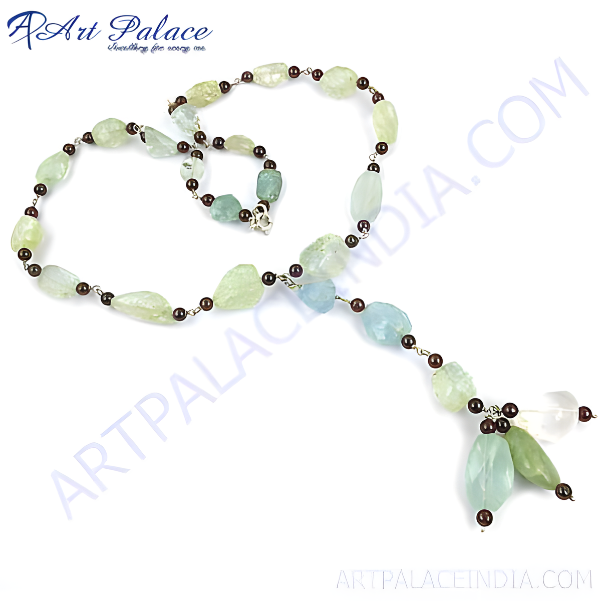 Aquamarine gemstone beaded necklace with light blue and green stones on a white background