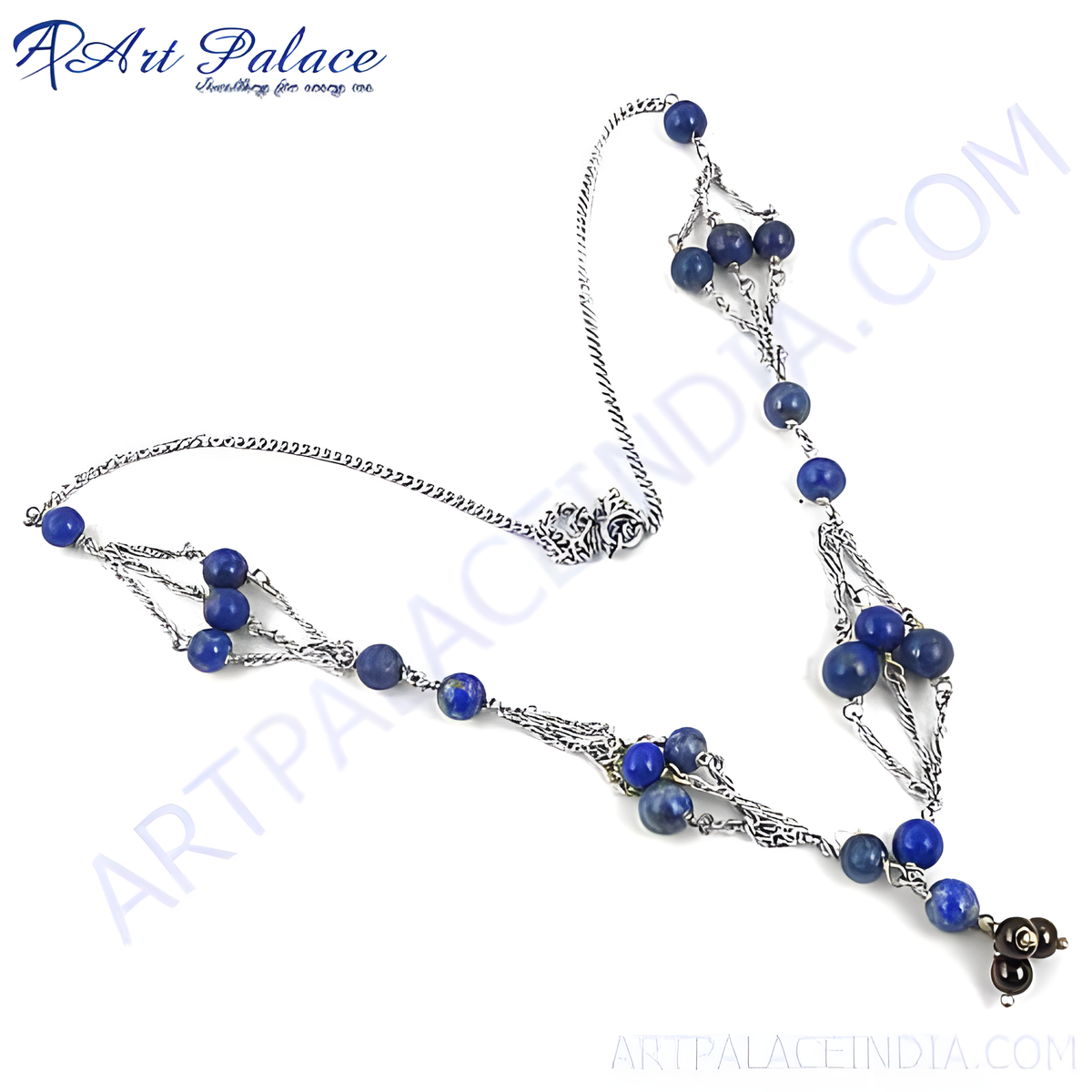 Sterling silver necklace with multiple strands and blue lapis lazuli beads, a beautiful piece of gemstone jewelry for women