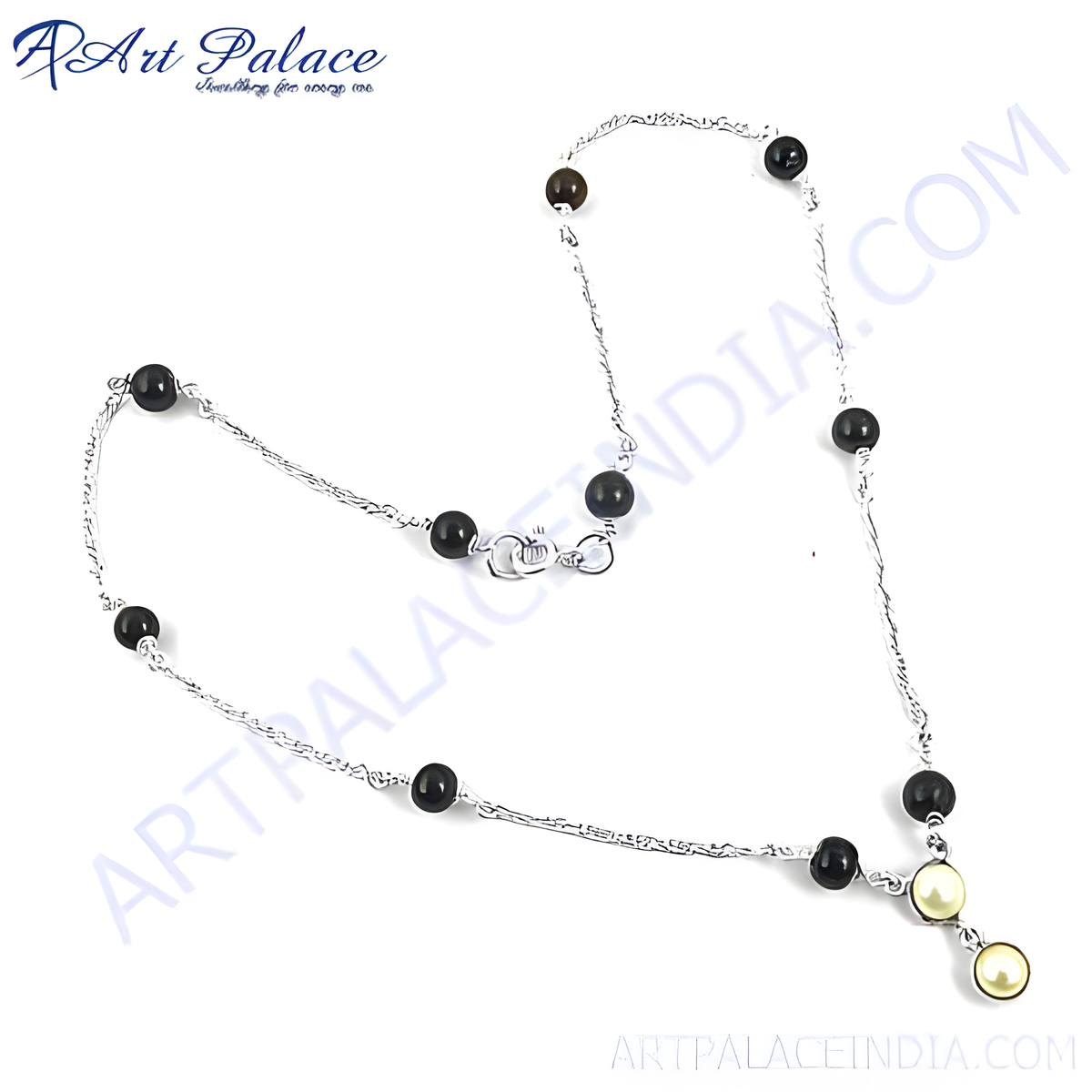 Sterling silver beaded necklace with black onyx and pearl colored beads