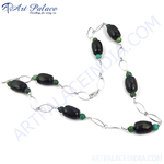 Load image into Gallery viewer, Sterling silver beaded necklace featuring faceted black onyx and green beads.
