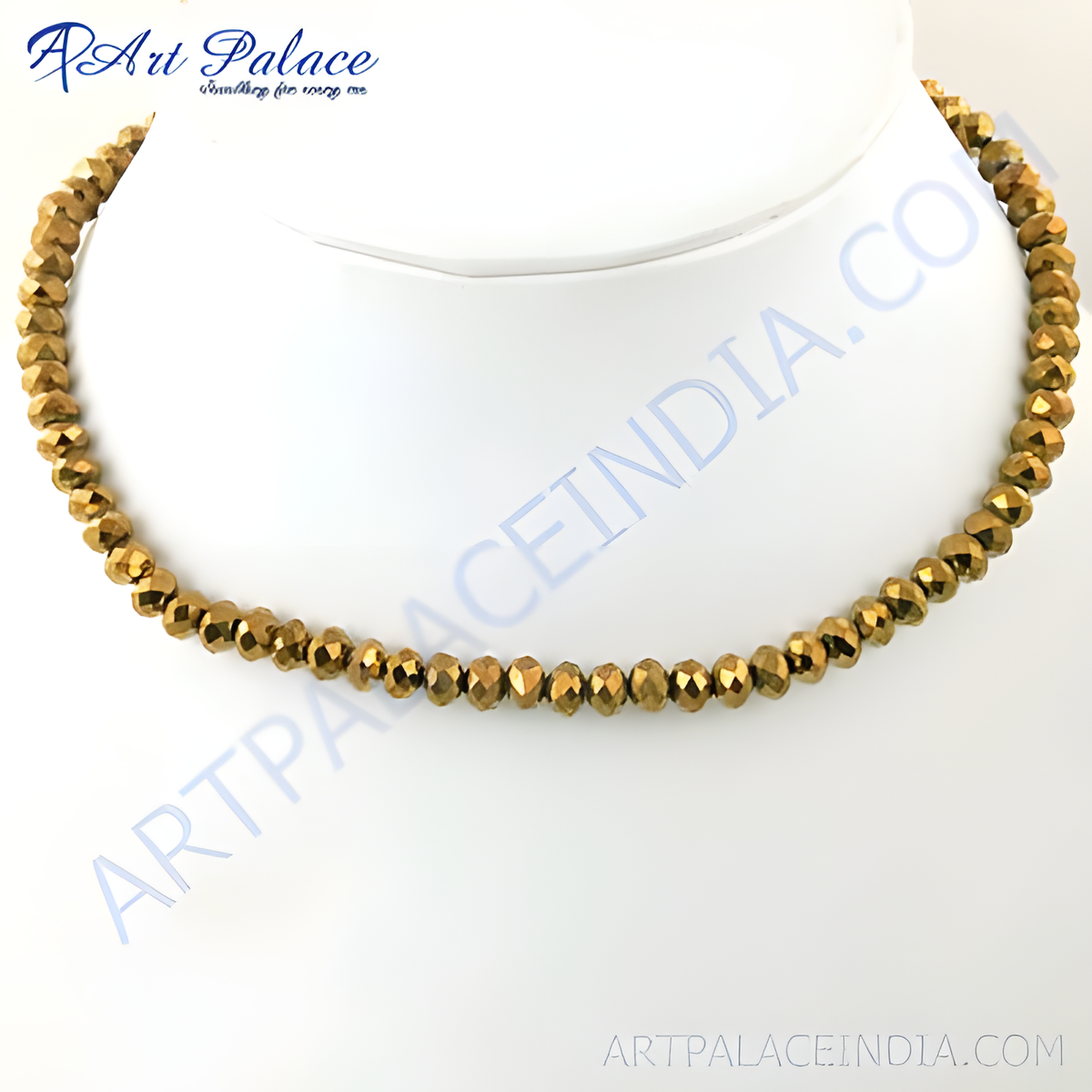 Gold plating beaded necklace displayed on a mannequin, faceted beads, gold plating color jewelry