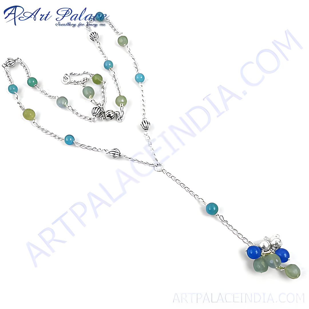 Sterling silver beaded necklace with blue and green gemstones, perfect for women's daily wear