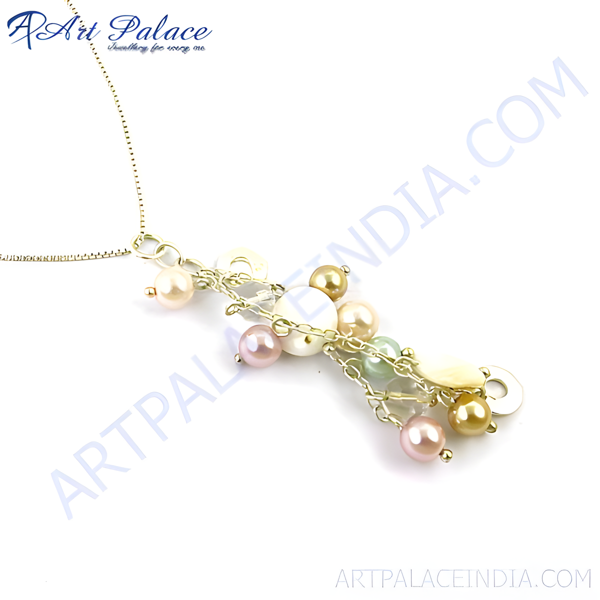 Gold chain necklace with a cluster of pearls in pink, white, and gold