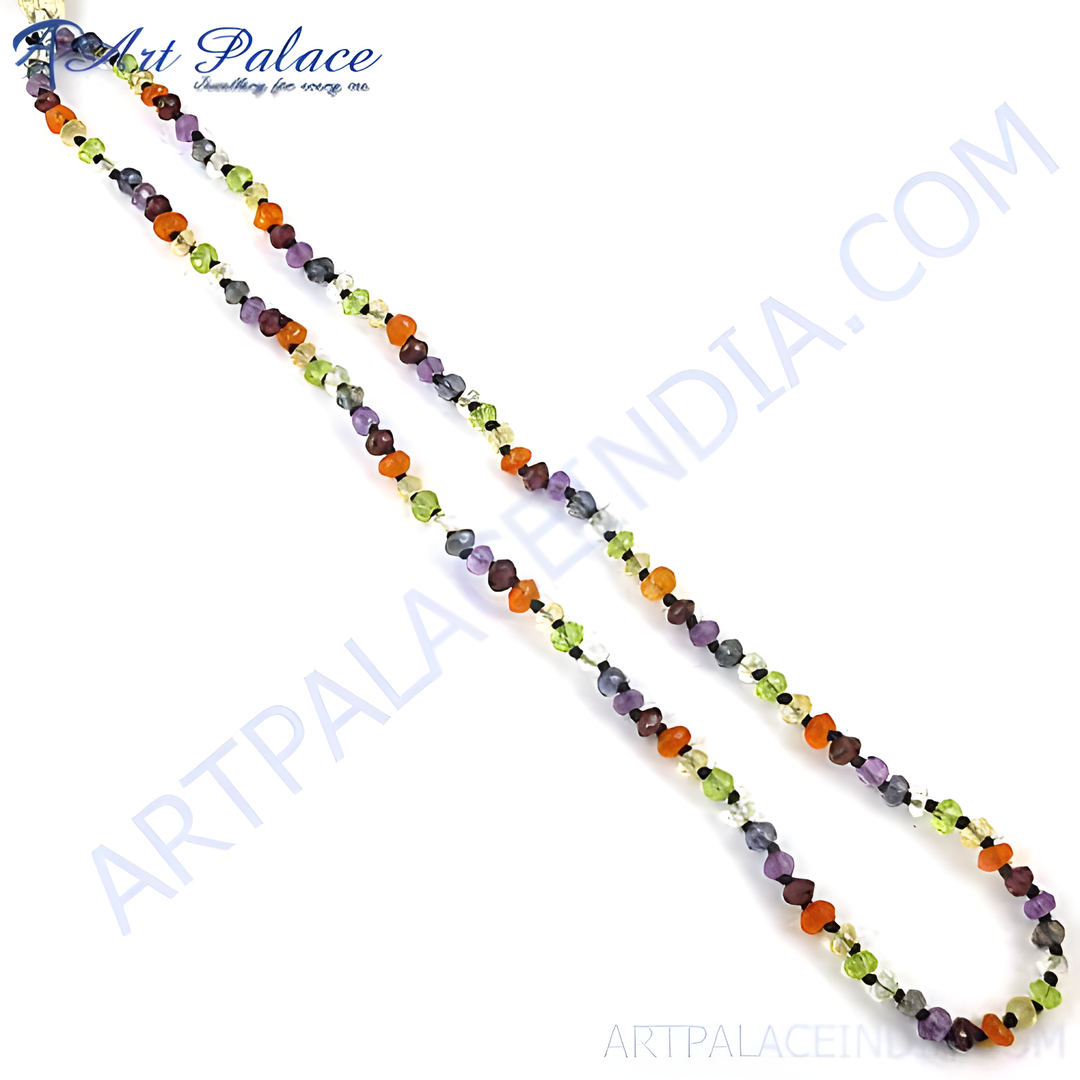 Colorful beaded gemstone necklace featuring a variety of natural gemstones in different colors and shapes.