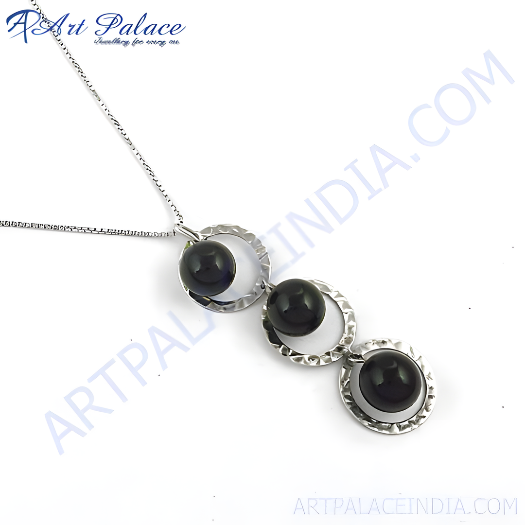 925 sterling silver pendant necklace featuring three round black pearls.