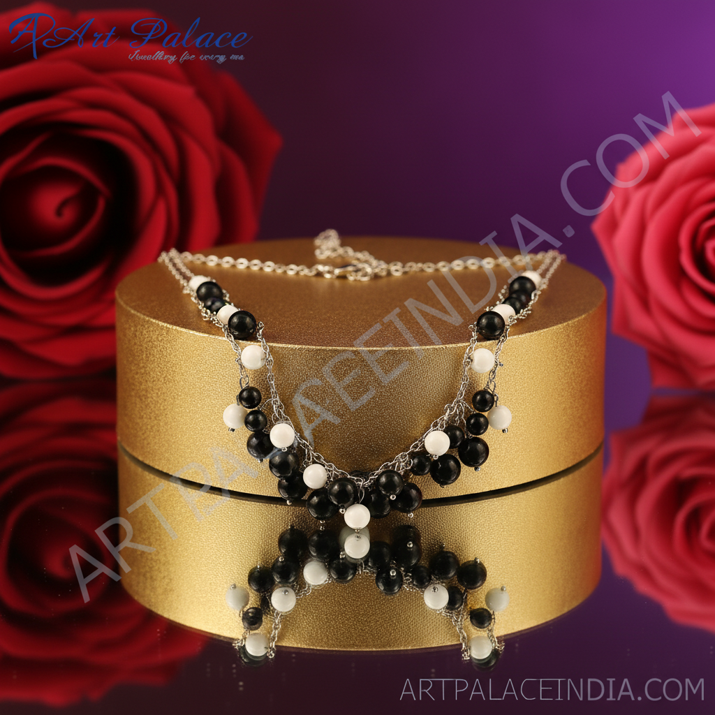 Silver black & white bead necklace for women | fashion jewelry
