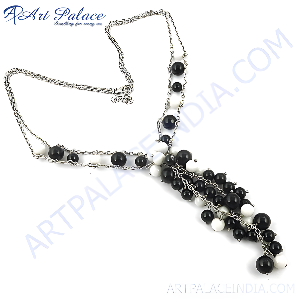 Silver necklace with black and white beads, a fashionable and elegant necklace design