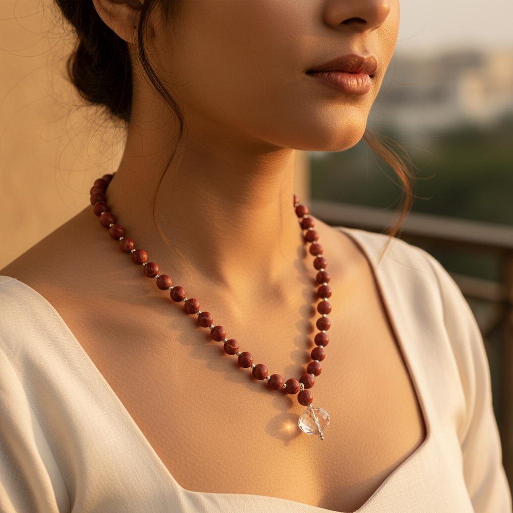 Red Jasper Beaded Necklace with Crystal Pendant | Women's Jewelry