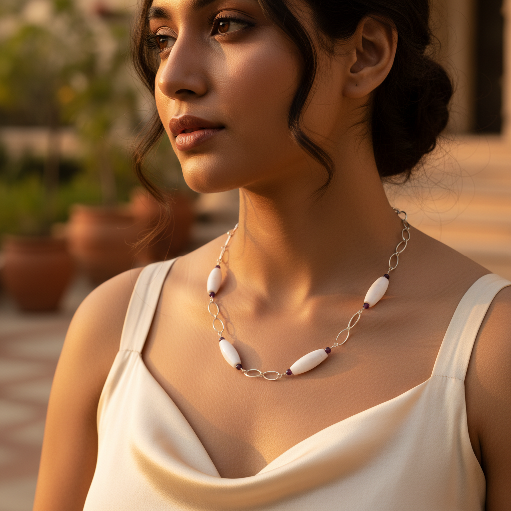 Silver beaded necklace for women | white stone jewelry gift