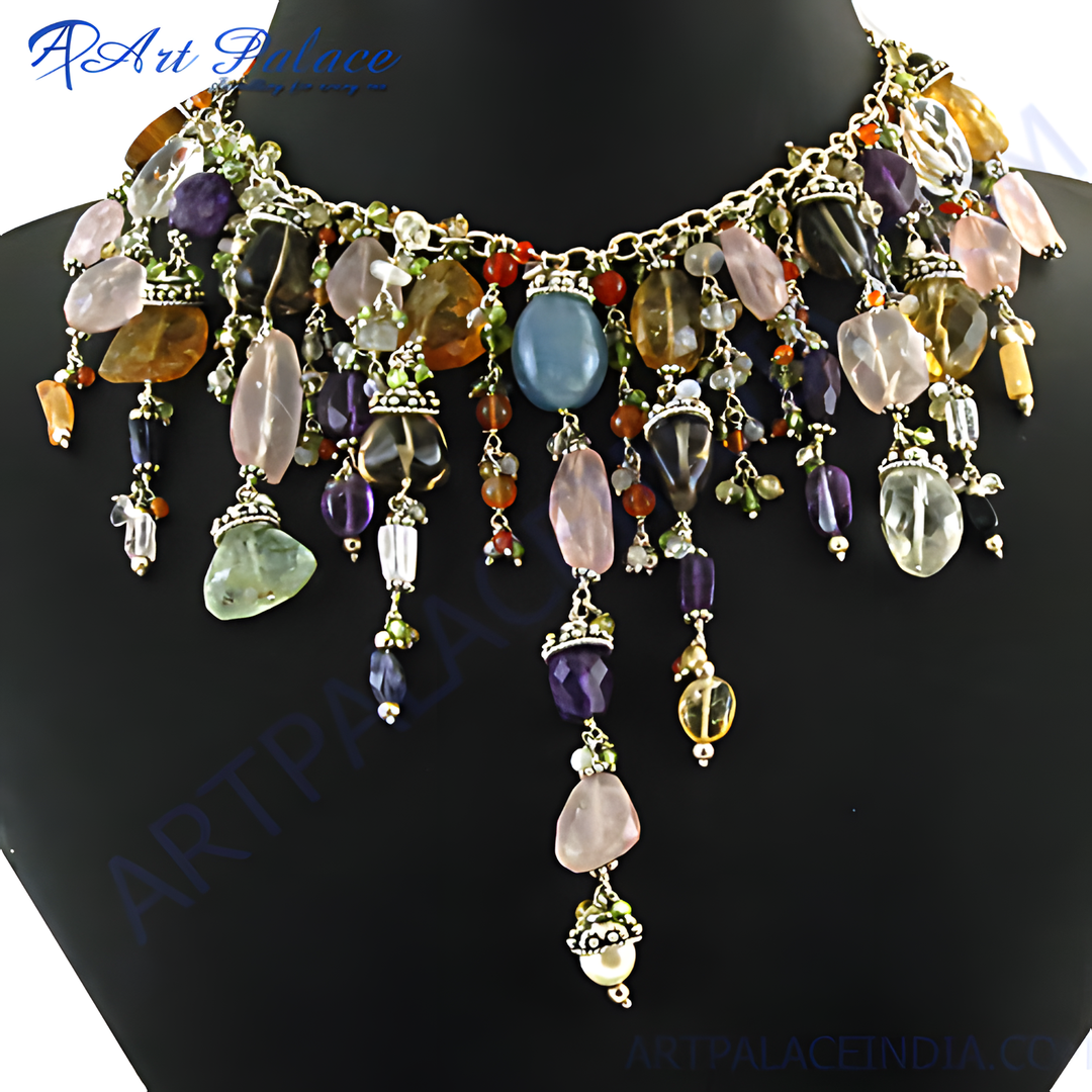 A stunning artisan gemstone beaded necklace with various colorful gemstone beads.