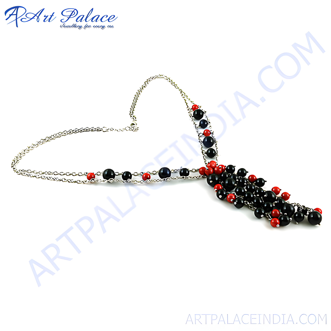 Silver chain necklace with black and red beaded tassel, perfect for women.