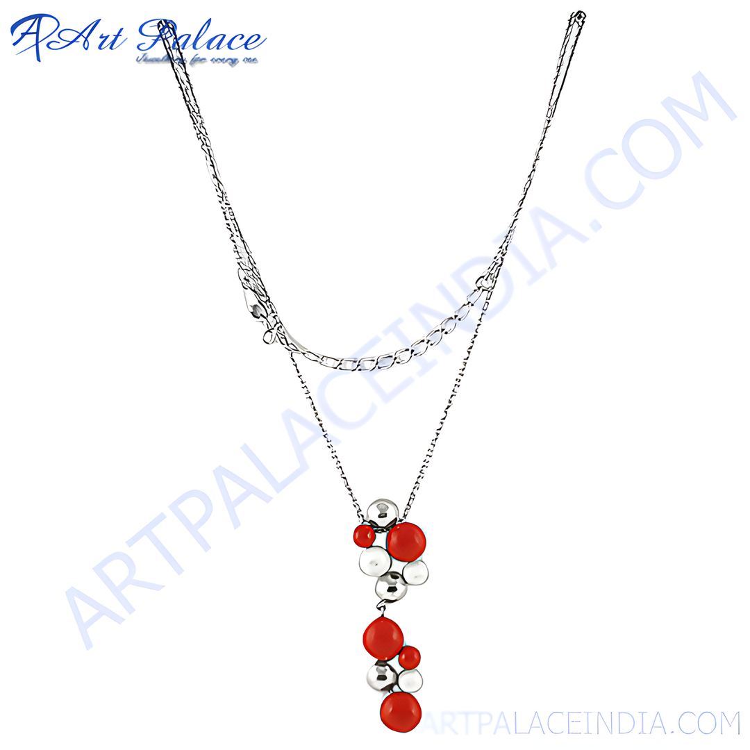 Silver layered necklace with red coral and silver beads for women.