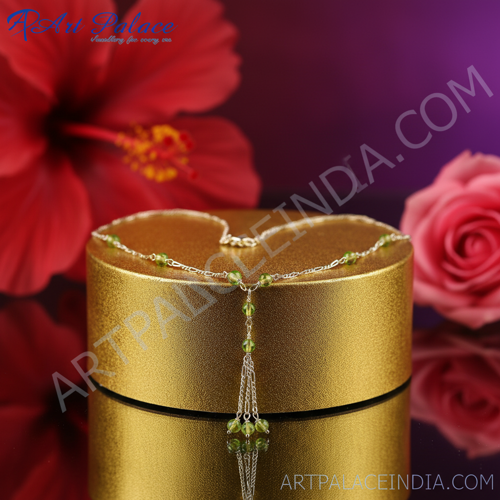 Silver Peridot Beaded Y-Necklace for Women | Daily Wear