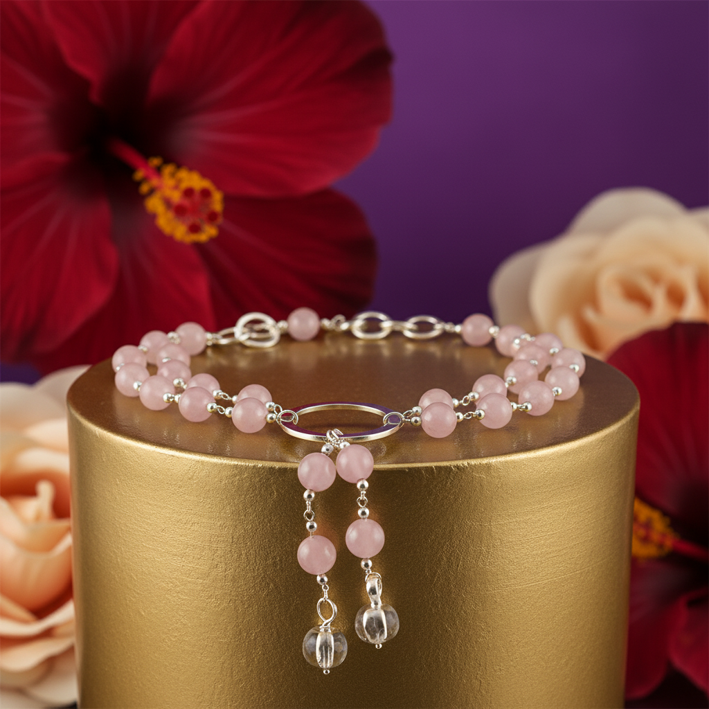 Rose Quartz Bead Necklace for Women | Silver Fashion Jewelry