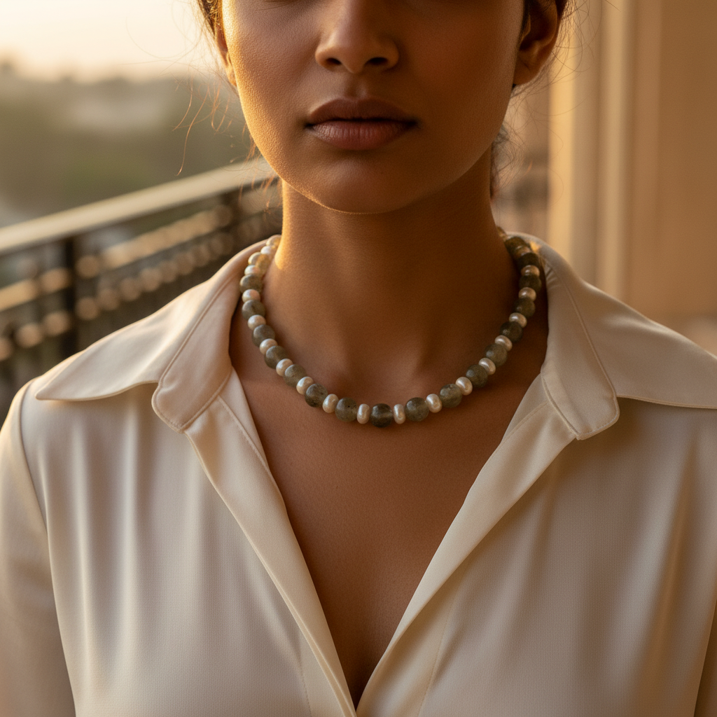 Green Agate & Pearl Bead Necklace | Women's Beaded Jewelry