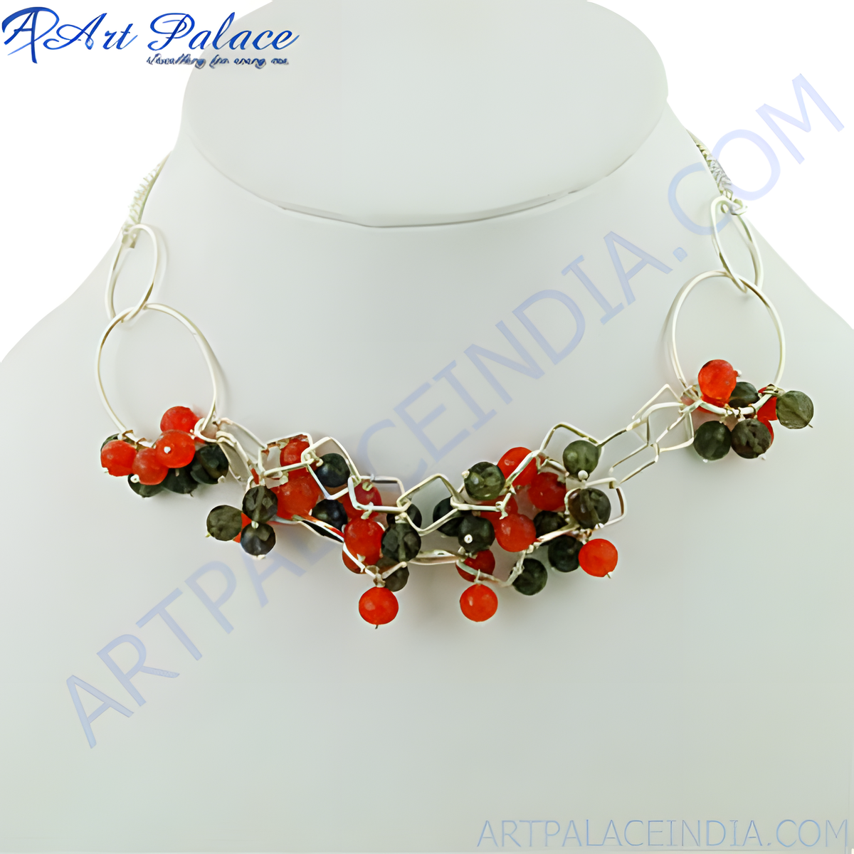 Silver statement necklace featuring red and green gemstone beads, perfect for gifting and special occasions