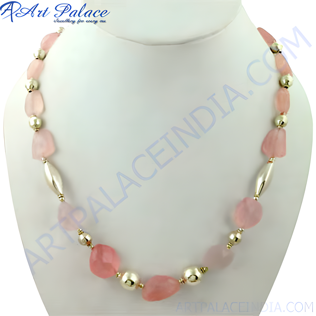 Pink rose quartz beaded necklace with gold accents, displayed on a mannequin, women's fashion jewelry