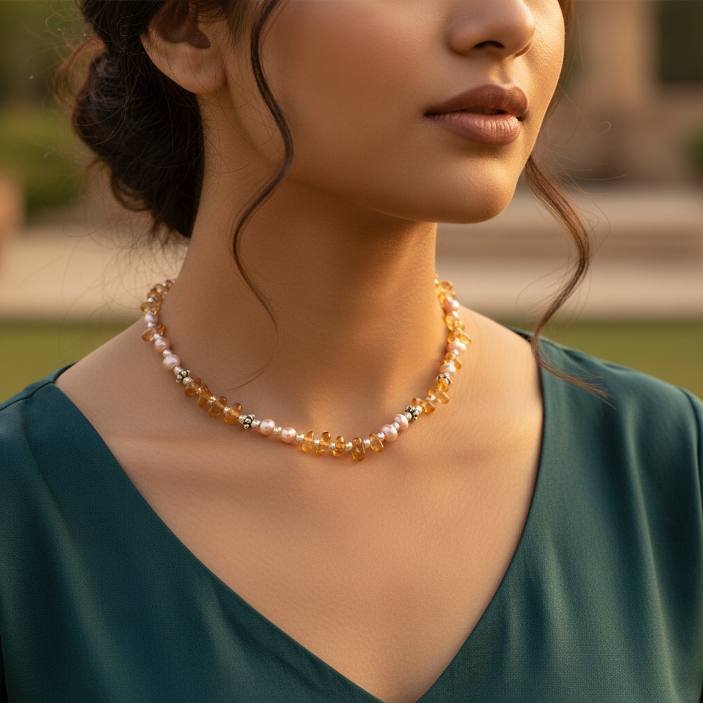 Pearl & Citrine Gemstone Necklace for Women | Daily Wear Jewelry