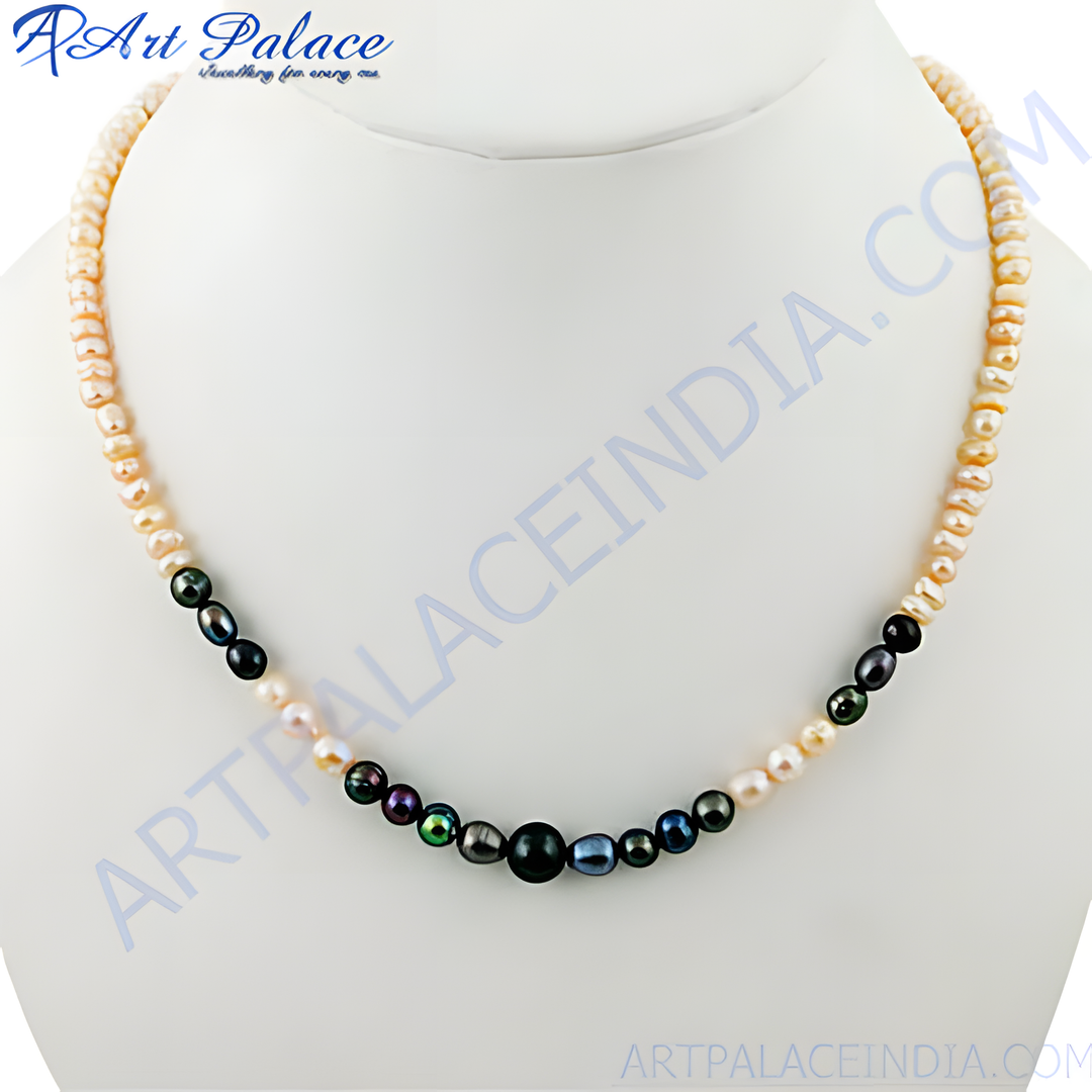 Elegant pearl necklace with multicolor pearls displayed on a white bust. Features unique pearl colors.