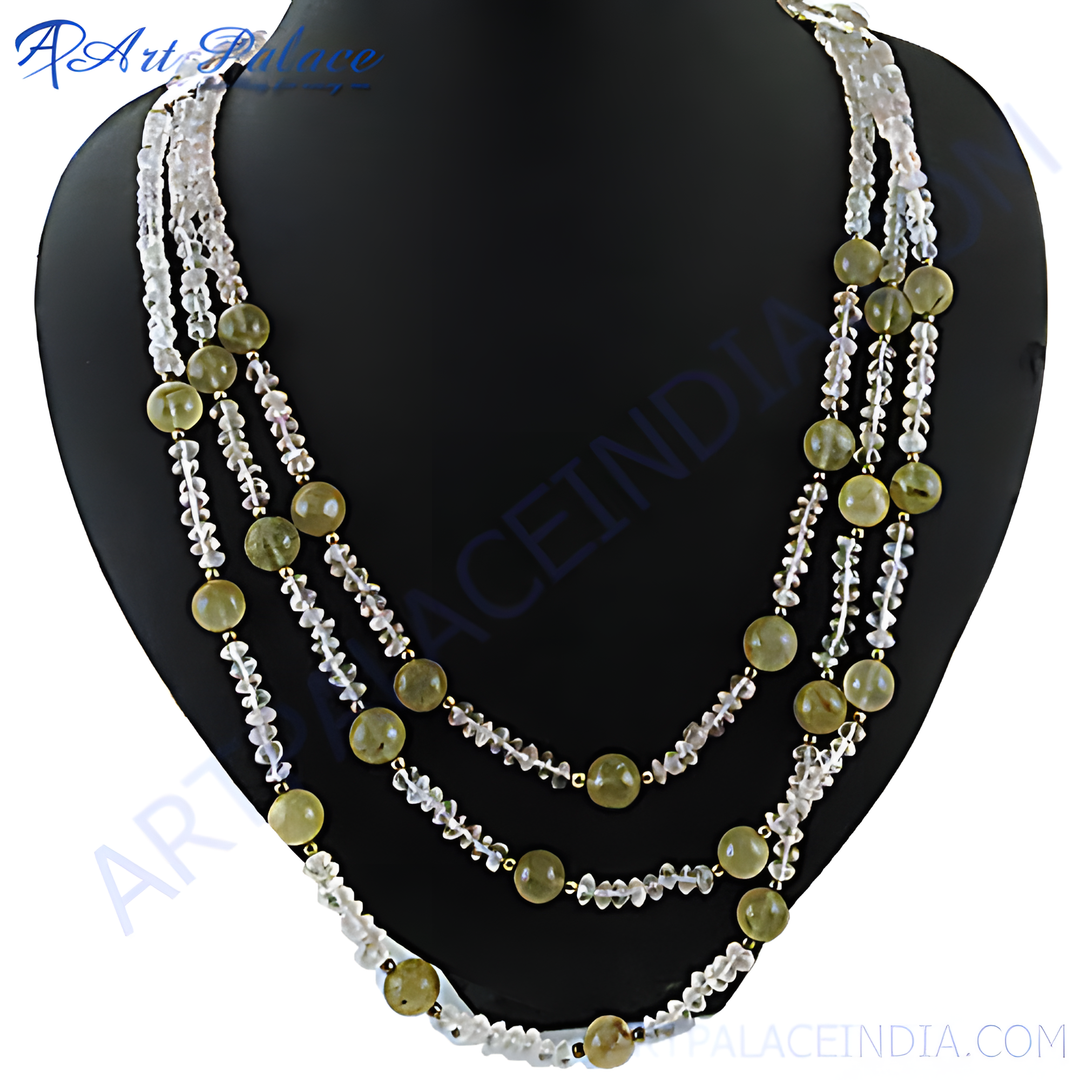 Multi-strand necklace featuring green jade and clear crystal beads on a black background.