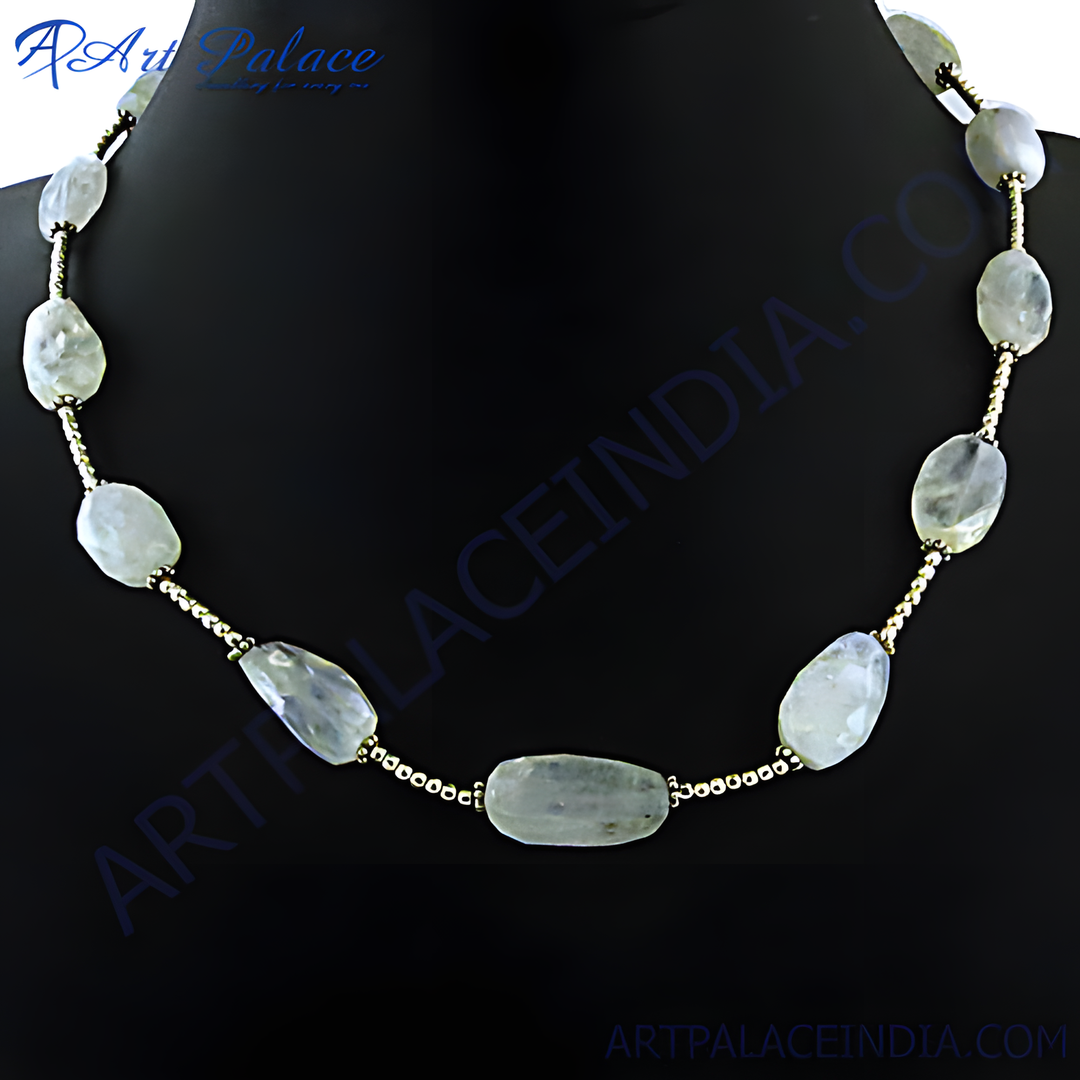 Moonstone bead necklace on a black background. Features irregular moonstone beads and gold plating-toned accents.