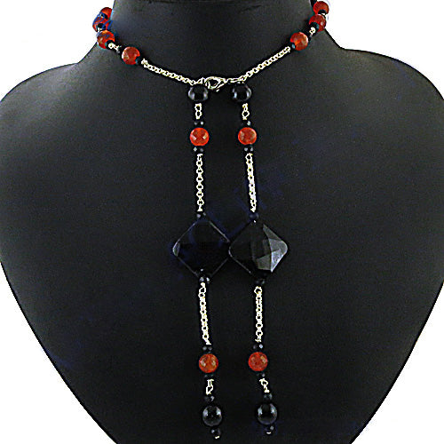 Black Onyx & Red Agate Lariat Necklace for Women | Statement Jewelry