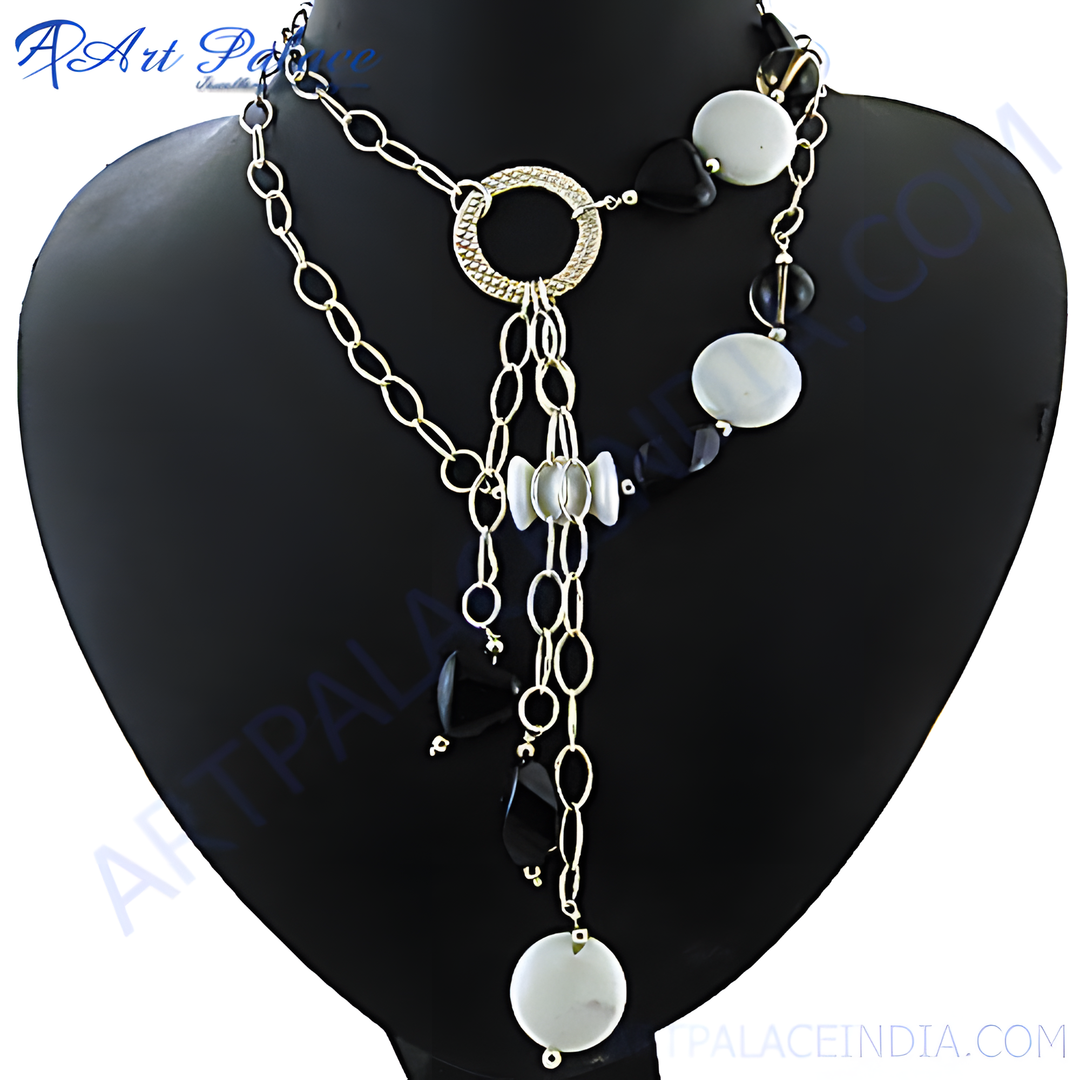 gold plating chain necklace with black and white stones displayed on a black mannequin, perfect for women