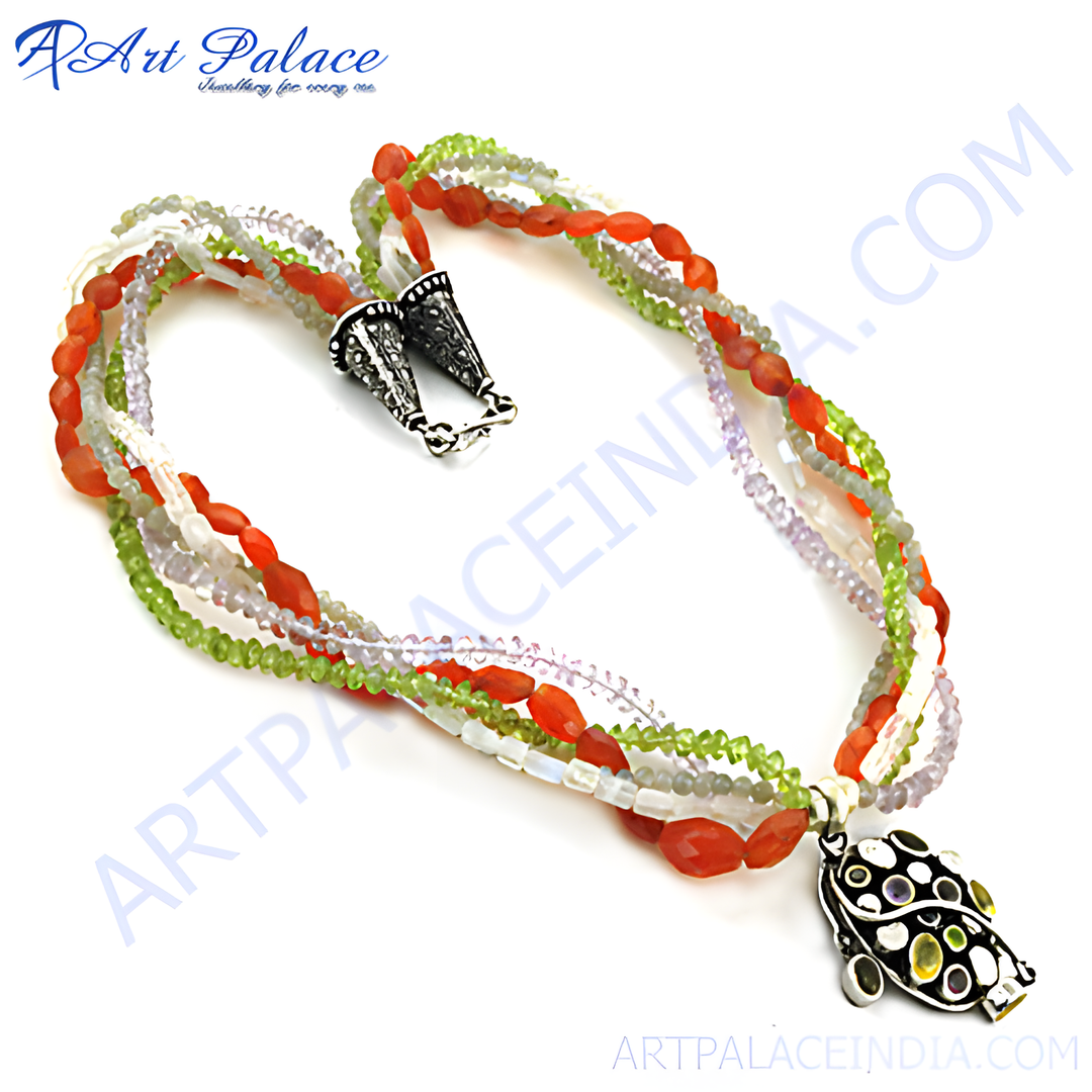 Sterling silver multi-gemstone beaded necklace with a unique pendant design and colorful gemstones.