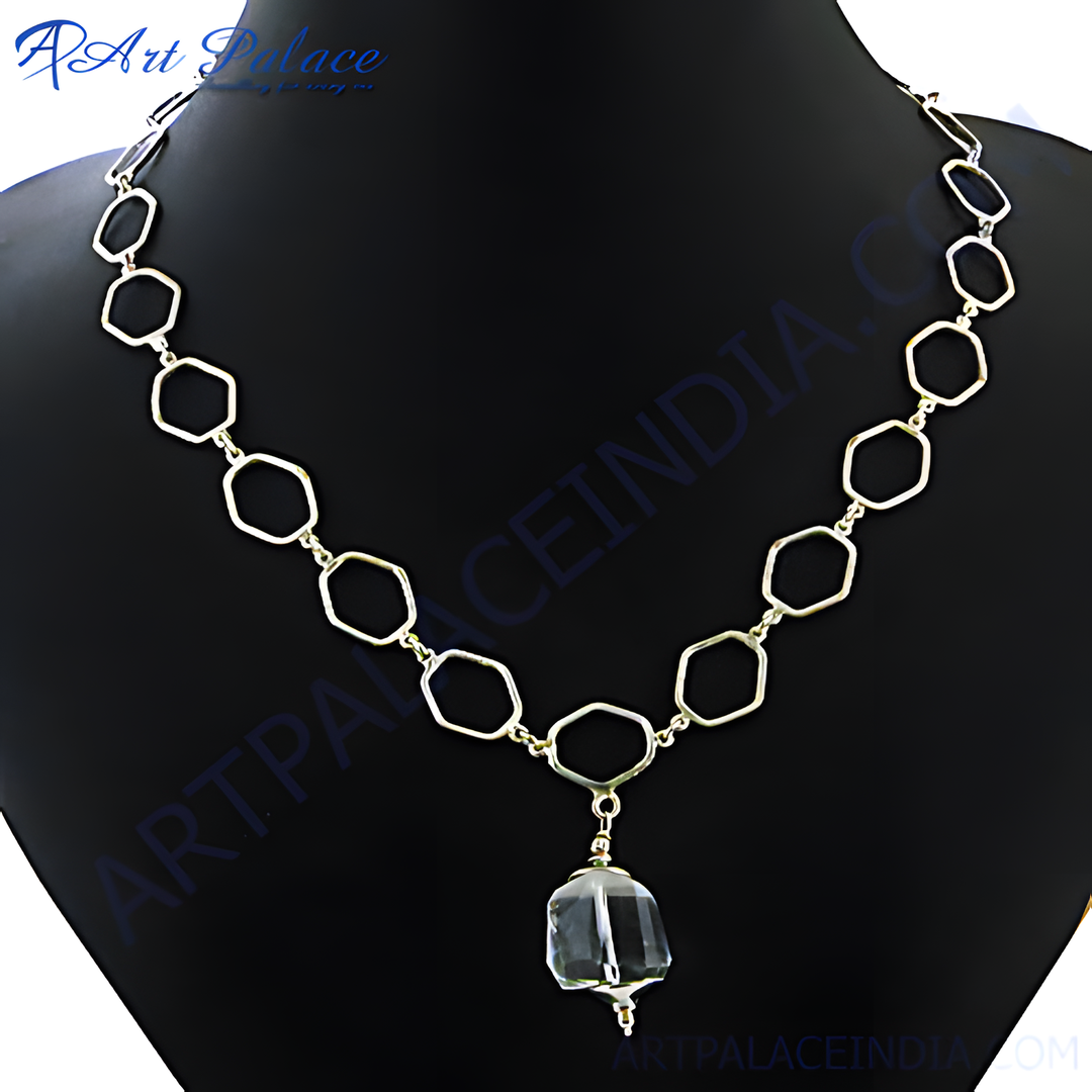 Silver hexagon chain necklace with a clear crystal pendant, perfect for women's fashion and everyday wear.