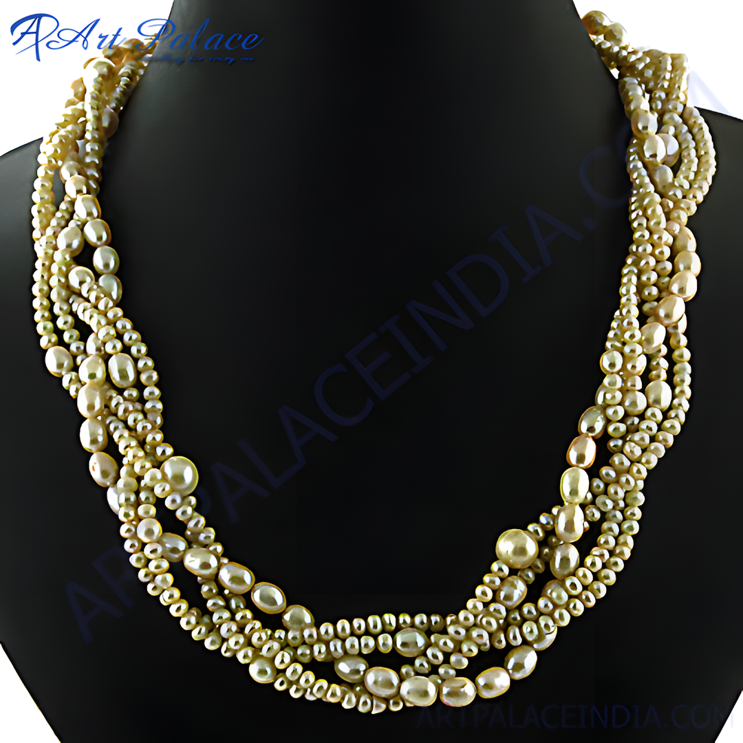 Multi-strand pearl necklace displayed on a black mannequin, showcasing the lustrous pearls and elegant design.